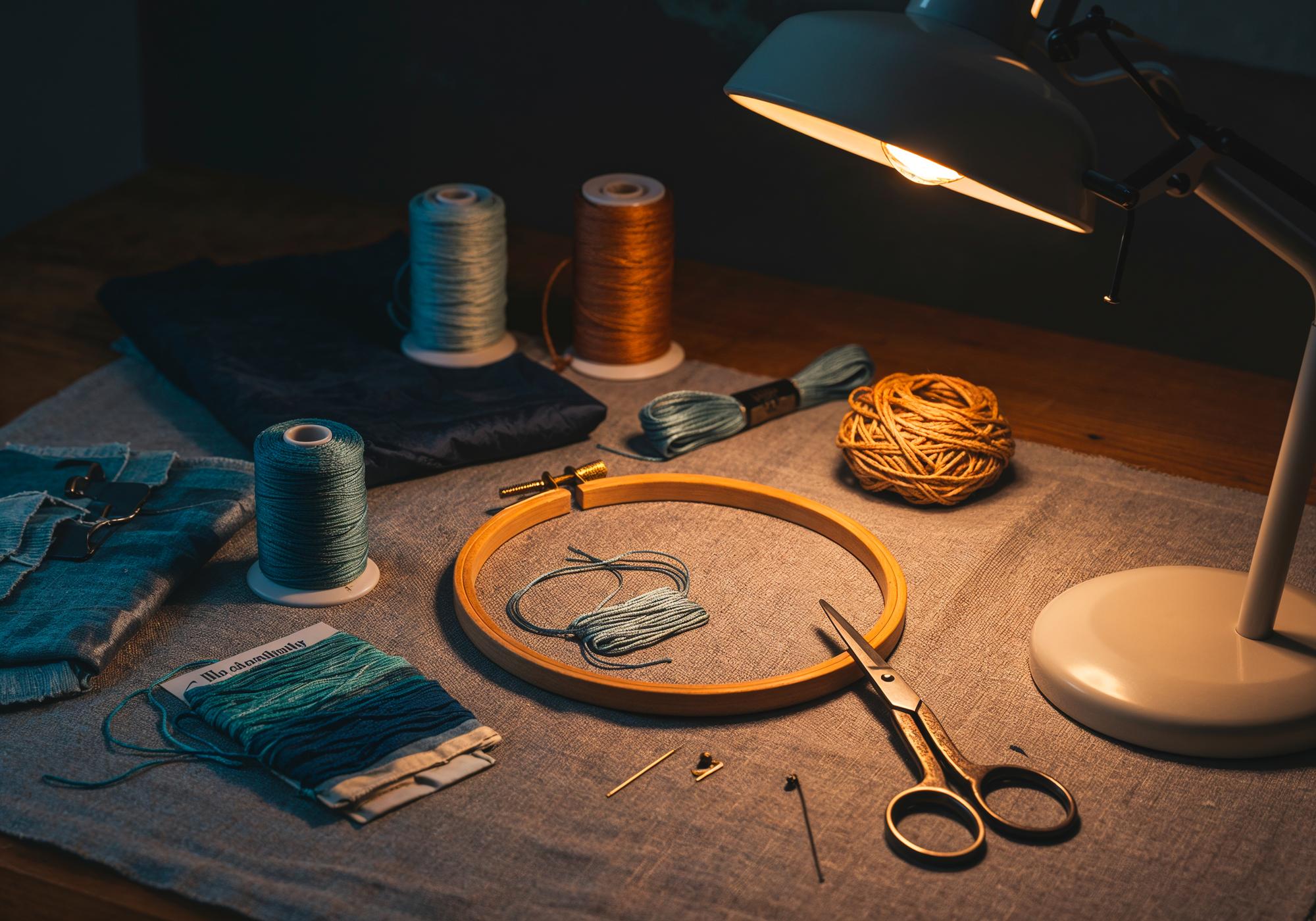 Studio workspace with threads, hoops and sketches