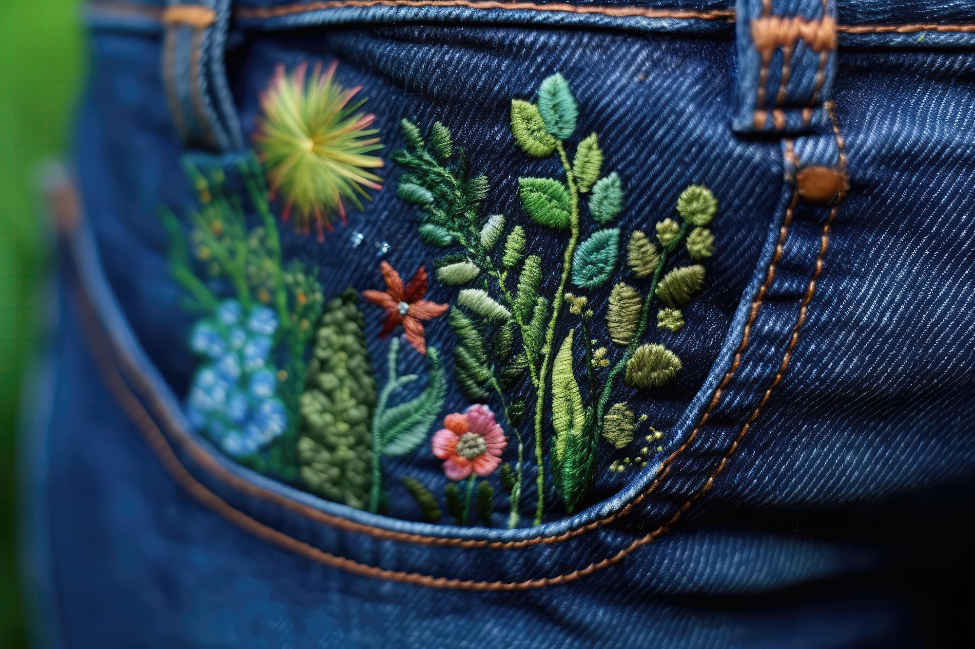 Embroidered botanical patch on denim