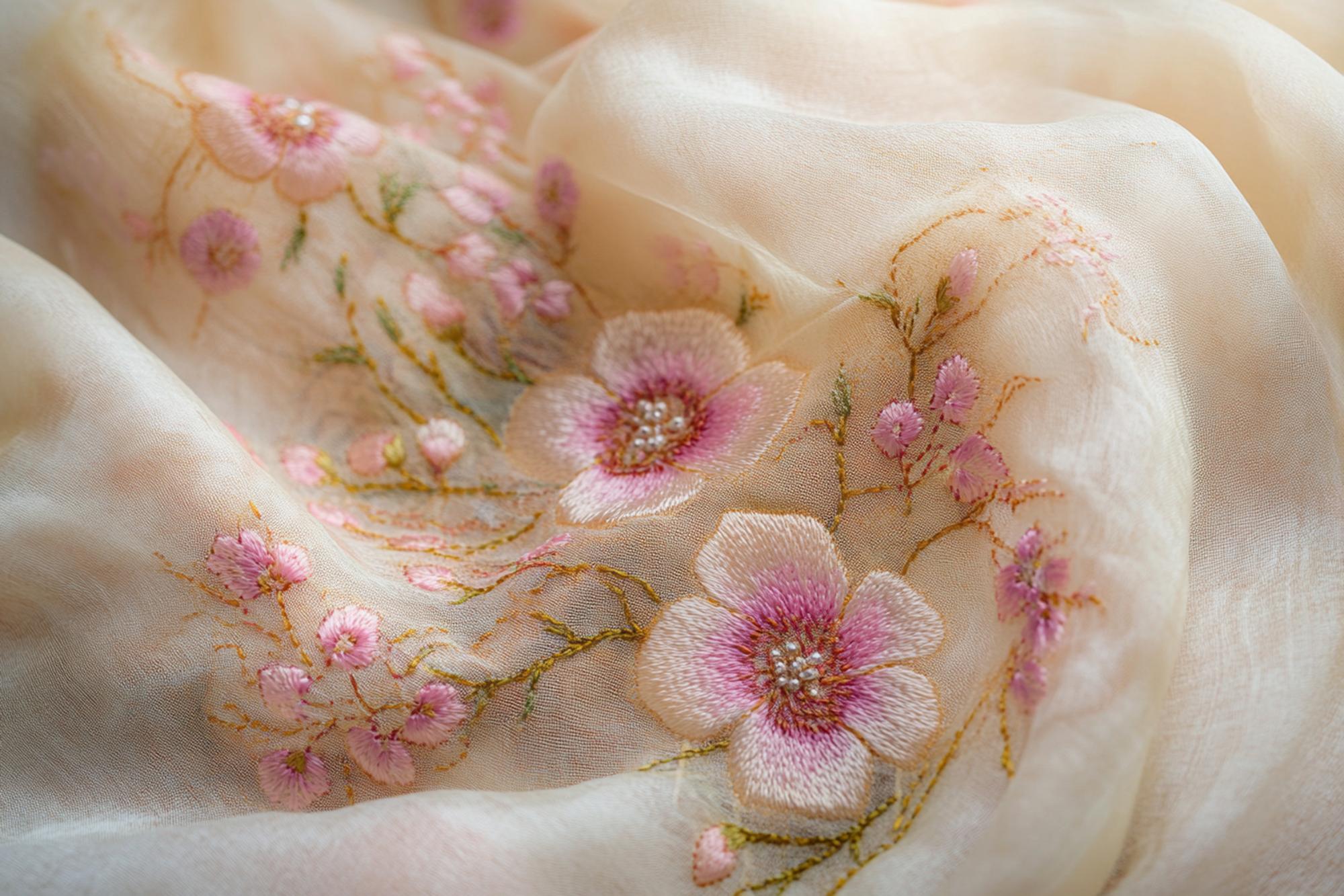 Close-up of pastel embroidered floral pattern on linen